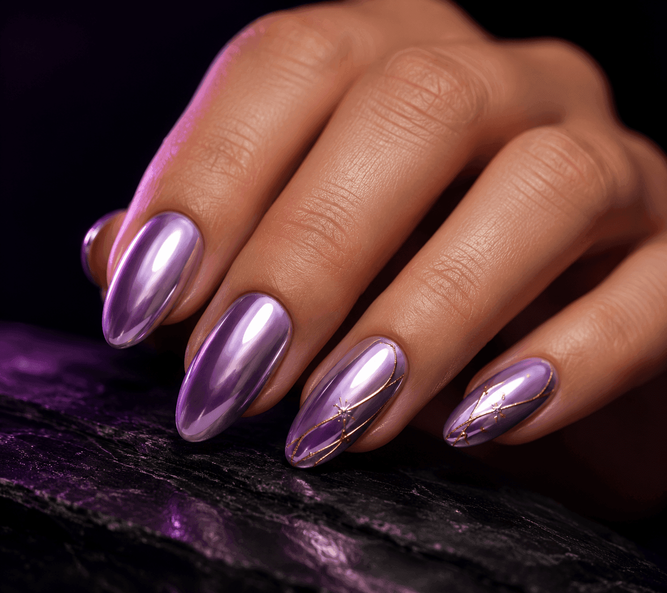 AI-generated nail design concept, chrome-lilac almond manicure